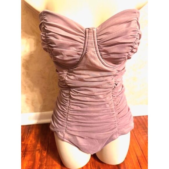 J Crew Retro Mauve Ruched Bandeau Resort Strapless One Piece Swimsuit D-Cup Sz 6 - Picture 2 of 7